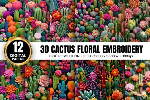 3D Cactus Floral Embroidery Patterns