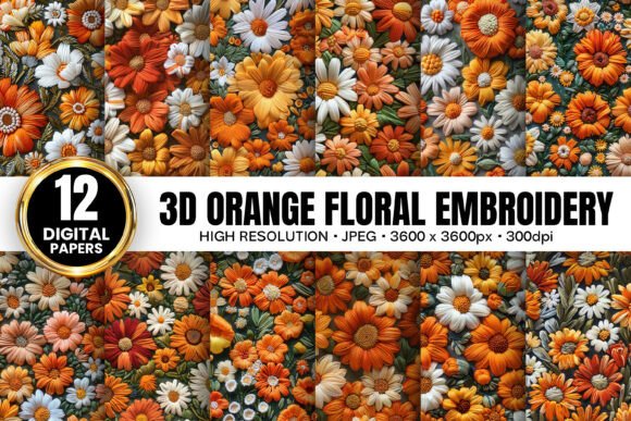 3D Orange Flowers Embroidery Patterns