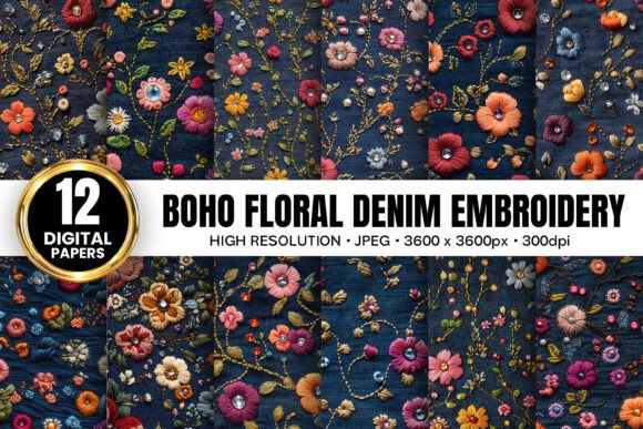 Boho Denim Floral Embroidery Patterns