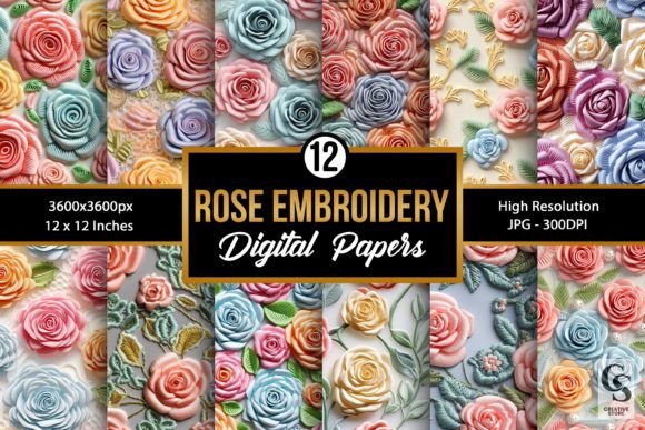 Pastel 3D Roses Embroidery Digital Paper